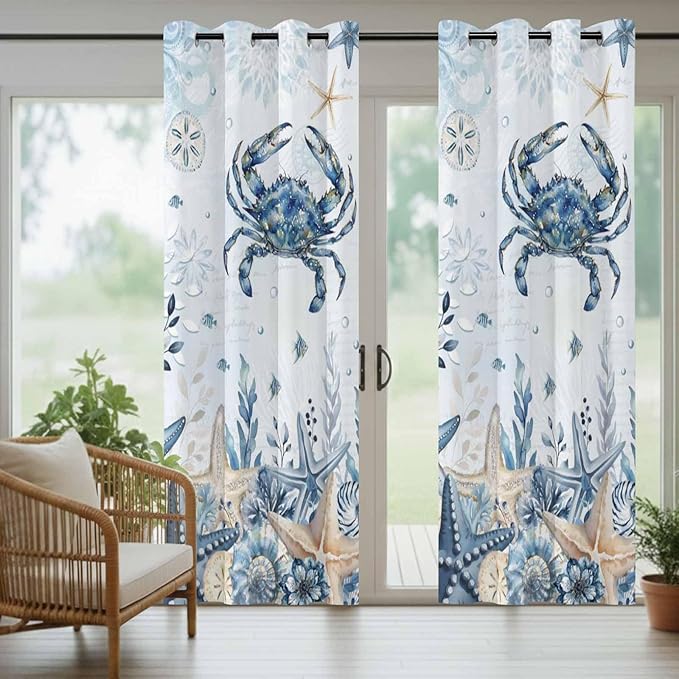 Oceans Outdoor Curtains for Patio Crabs Marine Life Shell Starfish Blue Waterproof Outside Curtains with Grommet Top Weatherproof Curtain for Cabana Pergola Gazebo, 1 Panel, 54" W x 84" L