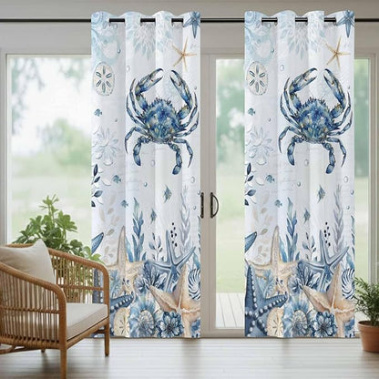 Oceans Outdoor Curtains for Patio Crabs Marine Life Shell Starfish Blue Waterproof Outside Curtains with Grommet Top Weatherproof Curtain for Cabana Pergola Gazebo, 1 Panel, 54" W x 84" L