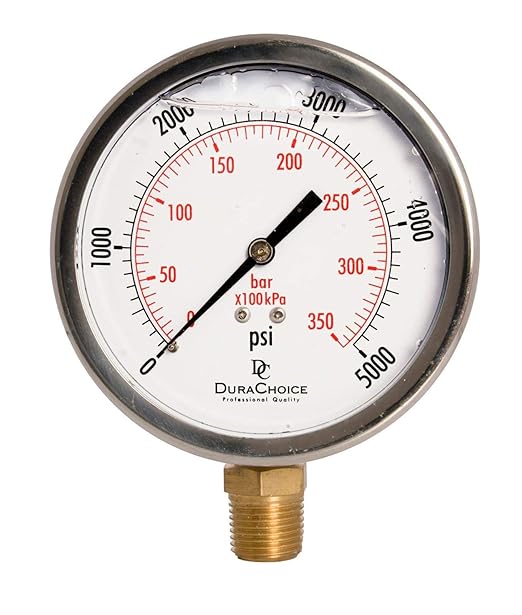 4" Oil Filled Pressure Gauge - Stainless Steel Case, Brass, 1/2" NPT, Lower Mount Connection, 0-5,000PSI