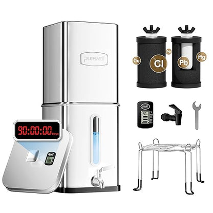 Purewell Square Series 3-Stage Gravity Fed Water Filter System with Smart Timer, Stainless Steel Countertop System with Water Level Window, 2 Upgraded Filters and Stand, Reduce 99% Chlorine, SQ-2.25G