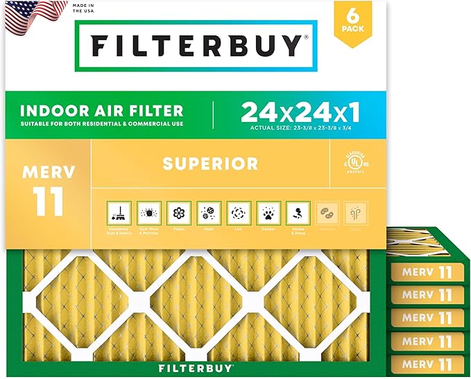 Filterbuy 24x24x1 Air Filter MERV 11 Superior Pet & Allergy Defense (6-Pack), Electrostatic Pleated HVAC AC Furnace Filters Replacement, Made in USA (Actual Size: 23.38 x 23.38 x 0.75)