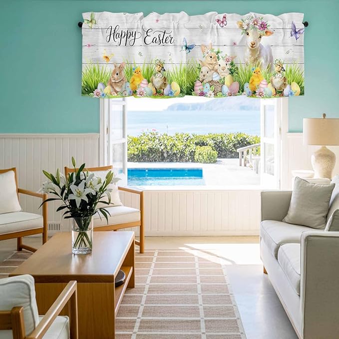 Easter Curtain Valances for Windows, Kitchen Valance Window Treatment, Spring Sheep Bunny Duck Plants Wooden Grain Light Filtering Block Curtains for Bathroom/Bedroom/Living Room 42'' x 12''
