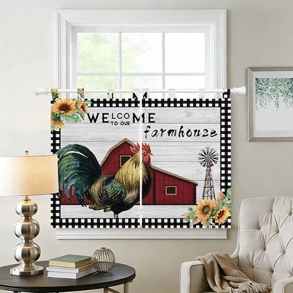 Farmhouse Rooster Bedroom Curtains 63 Inch Length, Window Curtains Tab Top, Rustic Red Barn Windmill Sunflowers Light Filtering Window Treatments Drapes 42"x63" 2 Panel
