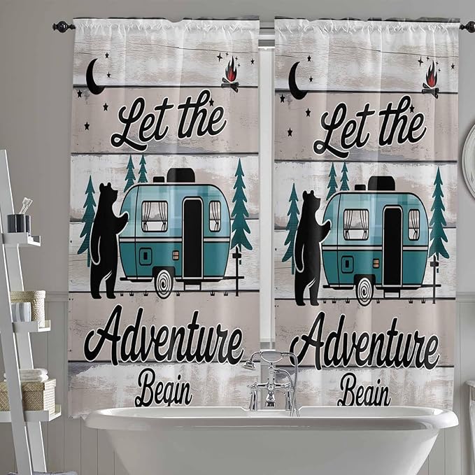Farmhouse Bear Camper Van Tree Window Valance Curtains, Vintage Wood Grain Light Filtering Kitchen Valance with 3-inch Rod Pocket for Living Room Bathroom Bedroom,2 Panel,52x72In