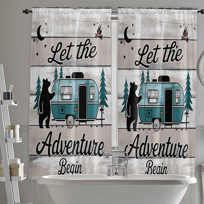 Farmhouse Bear Camper Van Tree Window Valance Curtains, Vintage Wood Grain Light Filtering Kitchen Valance with 3-inch Rod Pocket for Living Room Bathroom Bedroom,2 Panel,52x72In