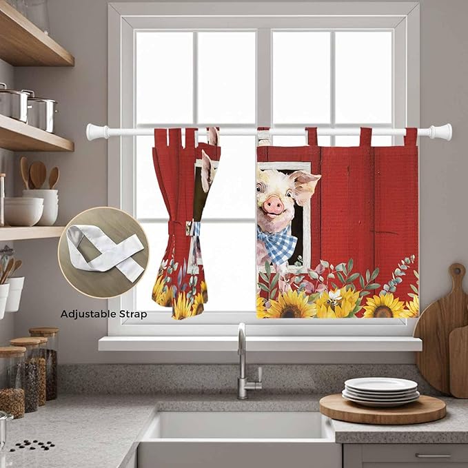 Pig Sunflowers Kitchen Curtains 36 Inch Length, Small Window Curtains Tab Top, Eucalyptus Leaves Floral Bees Red Barn Light Filtering Short Window Treatments Tier Drapes 27.5"x36" 2 Panel