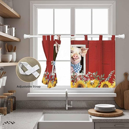 Pig Sunflowers Kitchen Curtains 36 Inch Length, Small Window Curtains Tab Top, Eucalyptus Leaves Floral Bees Red Barn Light Filtering Short Window Treatments Tier Drapes 27.5"x36" 2 Panel