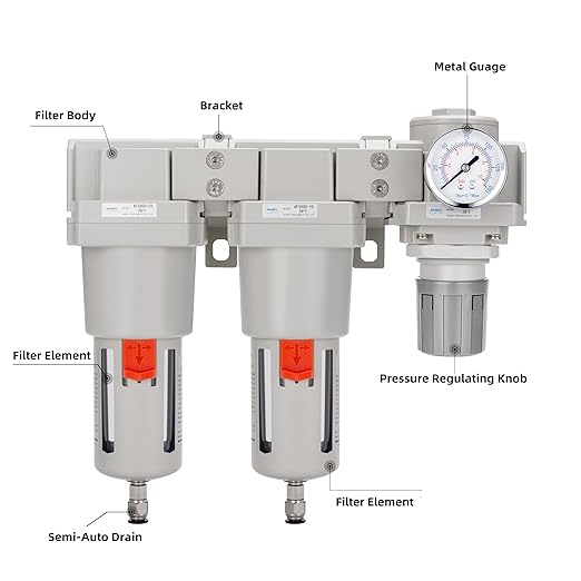 NANPU 1" NPT Air Drying System - Double Air Filters, Air Pressure Regulator Combo - Semi-Auto Drain, Poly Bowl