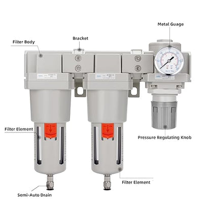 NANPU 1" NPT Air Drying System - Double Air Filters, Air Pressure Regulator Combo - Semi-Auto Drain, Poly Bowl