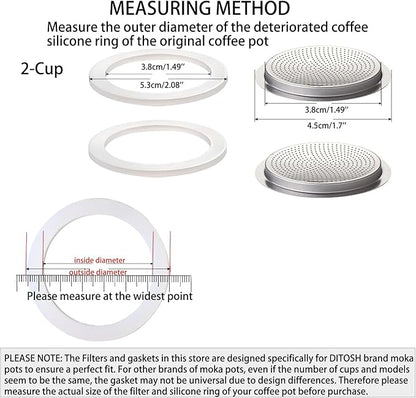 2Pcs Filter with 3Pcs Silicone Gasket Seals for 2 Cup Stovetop Espresso Coffee Maker Replacement Parts for Big Tummy and Straight Stainless Steel Moka Pot