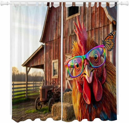 Farm Rooster Living Room Curtains 96 Inch Length, Window Curtains Tab Top, Farmhouse Barn Funny Animals Butterfly Light Filtering Window Treatments Drapes 52"x96" 2 Panel