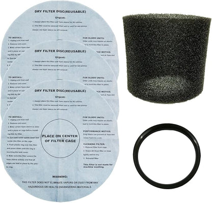 Foam Filter Sleeve for Shop Vac & Dry Filter Discs (5-Pack) -1 Foam Sleeve, 3 Reusable Dry Filters, 1 Mounting Ring Compatible with Shop Vac, Ridgid, Craftsman and other WetDry Vacuums
