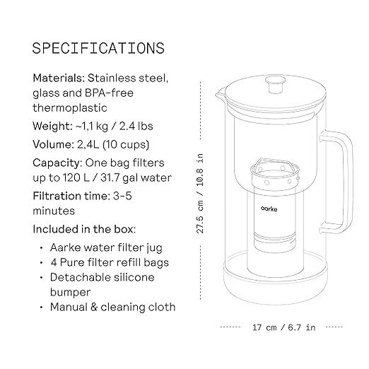 Aarke Purifier Regular 1.18L Glass Pitcher Bundle w/Steel Filter, BPA-Free, 4 Pure Refill Granules - Filters Heavy Metals