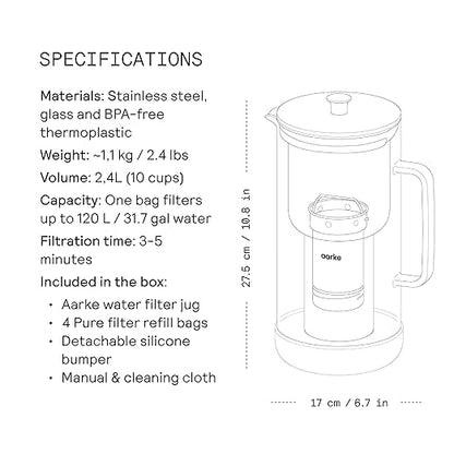 Aarke Purifier Regular 1.18L Glass Pitcher Bundle w/Steel Filter, BPA-Free, 4 Pure Refill Granules - Filters Heavy Metals