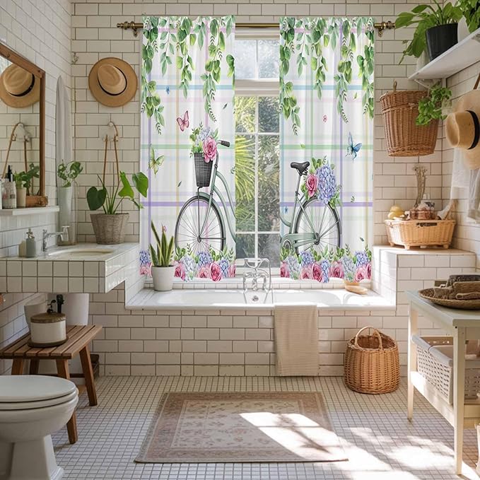 Spring Kitchen Curtains, Bicycles Botanical Leaves Rose Colorful Stripes Light Filtering Window Curtain Panels, 2Pcs Rod Pocket Window Treatments Set for Living Room Bathroom Bedroom 42x63 Inches
