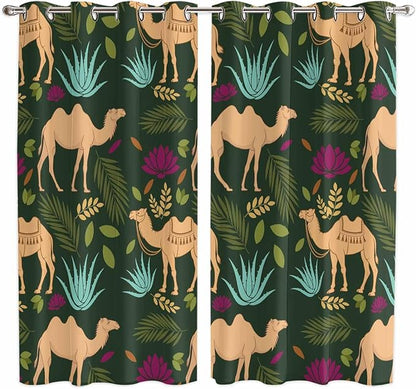 2 Panel Kitchen Cafe Curtains, Retro Desert Camel Sunlight Filtering Nature Air Through, Window Decor Tier Curtains for Living Room 104W x 84L inch Tropical Animal Aloe Vera Leaves Dark Green