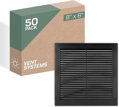 Vent Systems 8" x 8" Inch (Opening Dimensions) - Pack of 50 - Plastic Black Soffit Vent Cover - Flat Square Air Vent Grille - Air Vent Deflector - HVAC 10" x 10" Inch (Overall Dimensions)