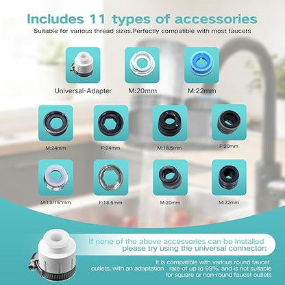 Faucet Filter with 2 Filter cartridges for efficient Water Purification, Effectively Removing Harsh Chlorine Odor and impurities. Compatible with 15/16-inch, 13/15-inch, and 3/4-inch Kitchen faucets.