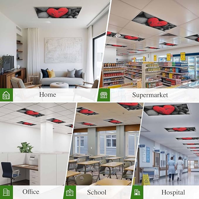 Fluorescent Light Covers for Ceiling Lights Love Heart Stone Magnetic Light Filters 1 Pack 4x2 ft Black Red Ceiling Lights Cover for Classroom Office School Home Drop Lamp Decor
