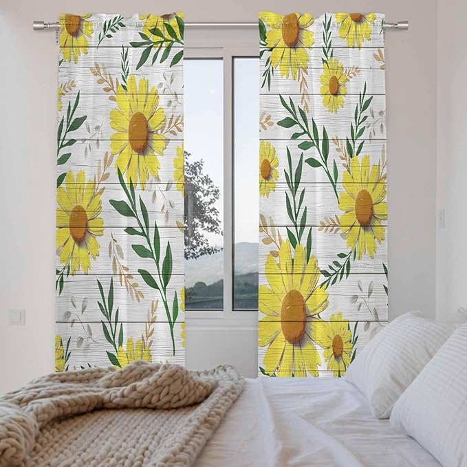 Yellow Daisy Kitchen Curtains, Farmhouse Country Flower Leaf Plant Wood Grain Light Filtering Window Curtain Panels, 2Pcs Rod Pocket Window Treatments Set for Living Room Bathroom Bedroom 52x72 Inches