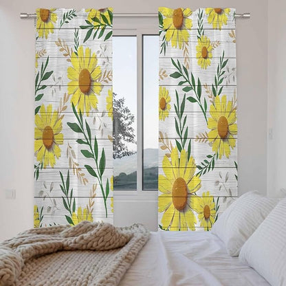 Yellow Daisy Kitchen Curtains, Farmhouse Country Flower Leaf Plant Wood Grain Light Filtering Window Curtain Panels, 2Pcs Rod Pocket Window Treatments Set for Living Room Bathroom Bedroom 52x72 Inches