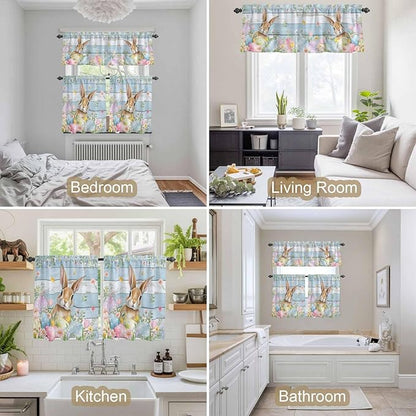 Kitchen Curtains Tiers and Valance Set of 3, Easter Light Filtering Window Curtain Set, Farmhouse Spring Rabbit Eggs Flowers Wooden Board Rod Pocket Curtain Drapes for Living Room, 24 Inches Tiers