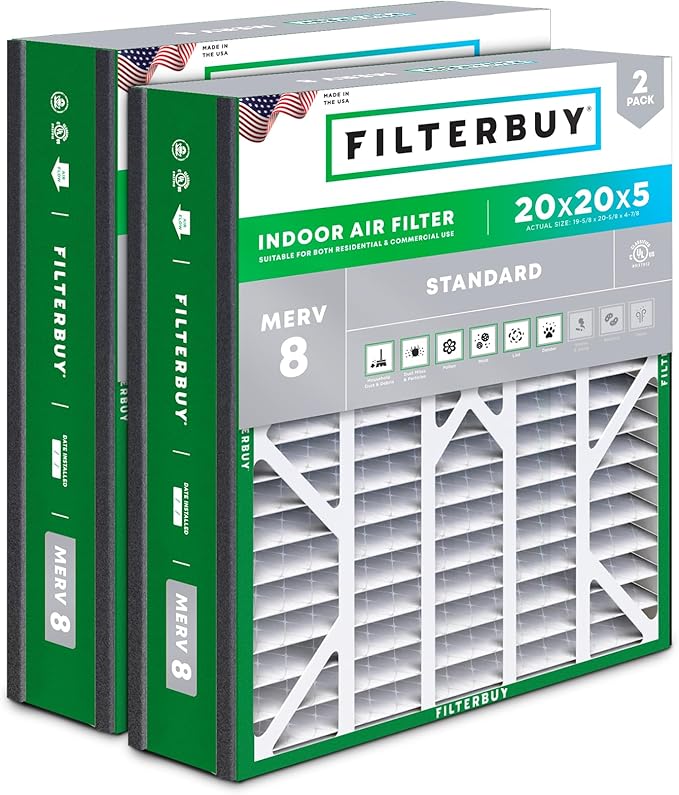 Filterbuy 20x20x5 Air Filter MERV 8 Essential Dust & Allergy Defense (2-Pack), Electrostatic Pleated HVAC AC Furnace Filters for Trion Air Bear 255649-103 & More (Actual Size: 19.63 x 20.63 x 4.88)
