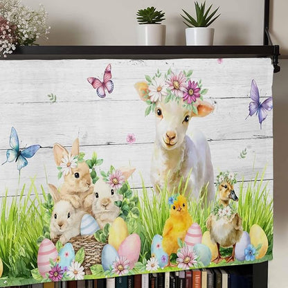 Easter Curtain Valances for Windows, Kitchen Valance Window Treatment, Spring Sheep Bunny Duck Plants Wooden Grain Light Filtering Block Curtains for Bathroom/Bedroom/Living Room 60'' x 18''
