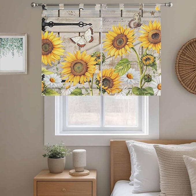 Farm Flowers Bedroom Curtains 63 Inch Length, Window Curtains Tab Top, Retro Sunflowers Barn Doors Butterfly Wood Board Light Filtering Window Treatments Drapes 42"x63" 2 Panel