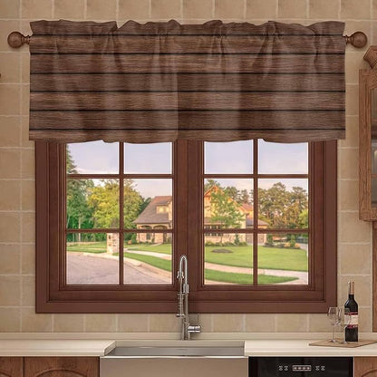 2 Pack Kitchen Valance for Windows, Farm Brown Wood Board Light Filtering Rod Pocket Valances Short Curtain, Vintage Farmhouses Barn Window Curtain for Bedroom Bathroom Living Room 42x12in