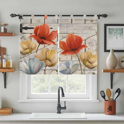 Retro Floral Bedroom Curtains 63 Inch Length, Window Curtains Tab Top, Red Yellow Tulips Barm Doors Farmhouse Wooden Light Filtering Window Treatments Drapes 42"x63" 2 Panel