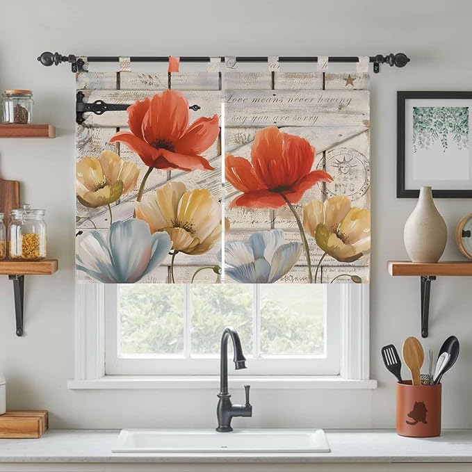 Retro Floral Kitchen Curtains 45 Inch Length, Short Cafe Window Curtains Tab Top, Red Yellow Tulips Barm Doors Farmhouse Wooden Light Filtering Window Treatments Tier Drapes 27.5"x45" 2 Panel