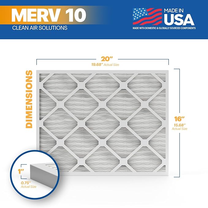BNX TruFilter 16x20x1 MERV 10 (2-Pack) AC Furnace Air Filter - MADE IN USA - Pleated Air Conditioner HVAC AC Furnace Filters - Removes Odor, Mold, Bacteria, Smoke