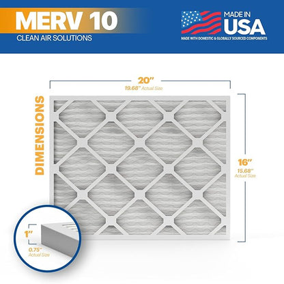 BNX TruFilter 16x20x1 MERV 10 (2-Pack) AC Furnace Air Filter - MADE IN USA - Pleated Air Conditioner HVAC AC Furnace Filters - Removes Odor, Mold, Bacteria, Smoke