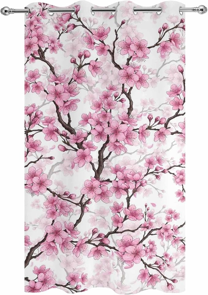 Cherry Flowers Outdoor Curtains for Patio Spring Flower Vintage Watercolor Waterproof Outside Curtains with Grommet Top Weatherproof Curtain for Cabana Pergola Gazebo, 1 Panel, 54" W x 108" L