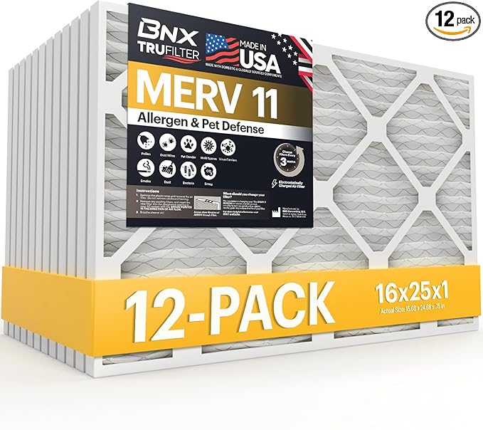 BNX TruFilter 16x25x1 Air Filter MERV 11 (12-Pack) - MADE IN USA - Allergen Defense Electrostatic Pleated Air HVAC AC Furnace Filters for Allergies, Dust, Pet, Smoke, Allergy MPR 1200 FPR 7
