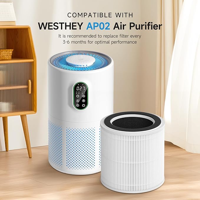 AP02 Replacement Filter Compatible with WESTHEY AP02 Air Purifier, 3-in-1 H13 True HEPA Filter with Activated Carbon, 2 Pack