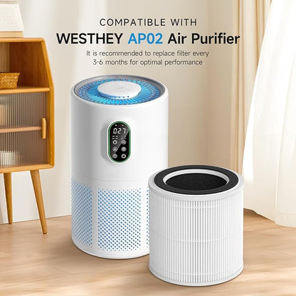 AP02 Replacement Filter Compatible with WESTHEY AP02 Air Purifier, 3-in-1 H13 True HEPA Filter with Activated Carbon, 2 Pack