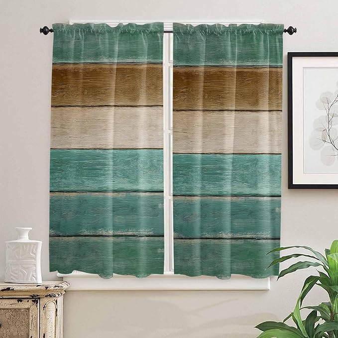 Vintage Plank Turquoise Brown Window Valance Curtains, Farmhouse Wood Grain Light Filtering Kitchen Valance with 3-inch Rod Pocket for Living Room Bathroom Bedroom,2 Panel,42x63In
