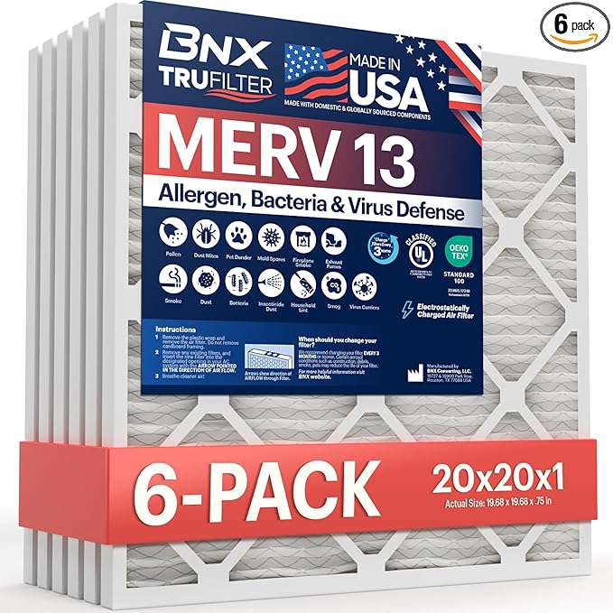 BNX TruFilter 20x20x1 Air Filter MERV 13 (6-Pack) - MADE IN USA - Electrostatic Pleated Air Conditioner HVAC AC Furnace Filters for Allergies, Pollen, Mold, Bacteria, Smoke, Allergen, MPR 1900 FPR 10