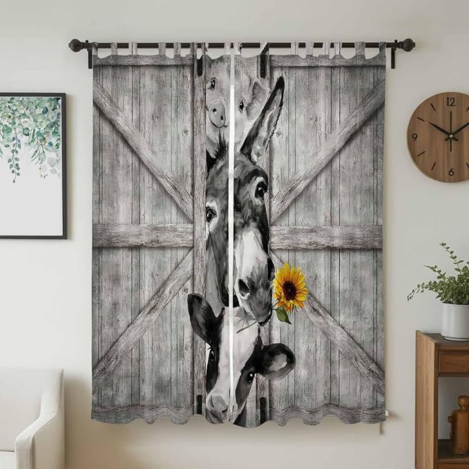 Funny Farm Animals Living Room Curtains 84 Inch Length, Window Curtains Tab Top, Vintage Barn Grey Sunflowers Light Filtering Window Treatments Drapes 52"x84" 2 Panel
