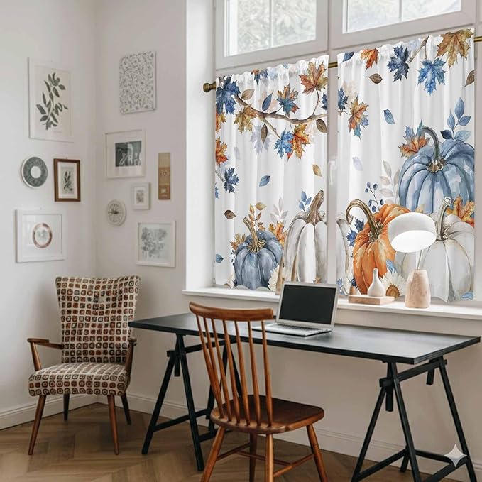 Navy Blue Pumpkin Fall Kitchen Curtains 54 Inch Long 2 Panel Set,Rod Pocket Window Curtains Panels,Thanksgiving Maple Leaves Branches Light Filtering Drapery Draperies for Bathroom Bedroom 52"W x 54"L
