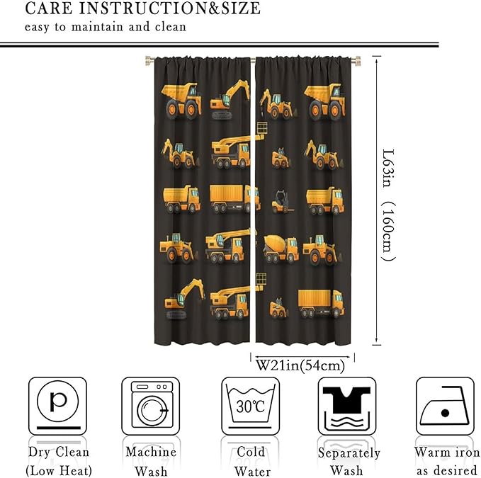 Kids Construction Window Curtains, Construction Machinery Equipment Mode of Transport Bulldozer Tractor Windows Curtain for Children Teens Room Decor 42x63in (30% Blackout)