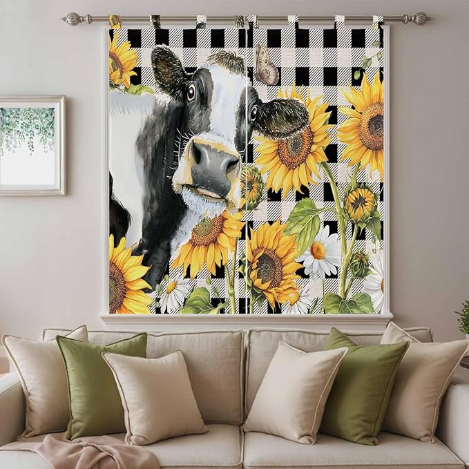 Retro Sunflowers Bathroom Curtains 63 Inch Length, Window Curtains Tab Top, Farmhouse Floral Cow Butterfly Black Plaid Light Filtering Window Treatments Drapes 52"x63" 2 Panel