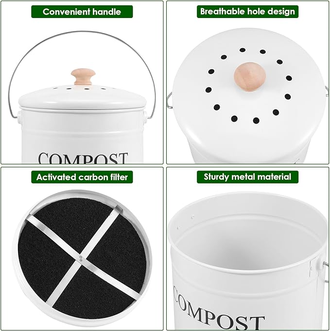 Kitchen Compost Bin 0.8 Gallon Metal Countertop Compost Bin with Lid and Handle, Smell Resistant Indoor Waste Bucket for Food Waste(White,1)