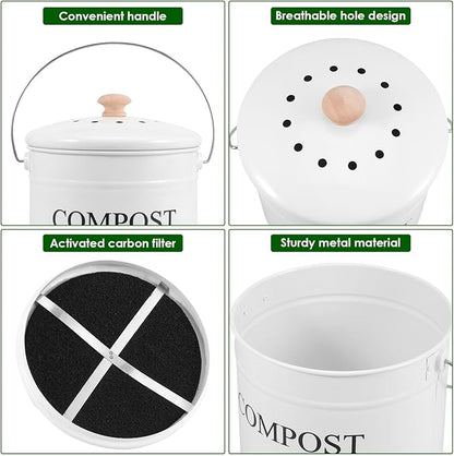 Kitchen Compost Bin 0.8 Gallon Metal Countertop Compost Bin with Lid and Handle, Smell Resistant Indoor Waste Bucket for Food Waste(White,1)