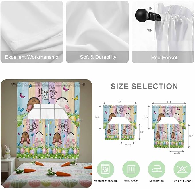 Swag Valance Curtains, Happy Easter Rabbit Butt Egg on Daisy Leaf Rod Pocket Valances Swag Topper for Kitchen Windows, Bufferfly on Wood Barn Light Filtering Short Curtain for Bedroom Bathroom 56x36In