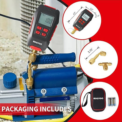 Digital Vacuum Gauge, HVAC Micron Vacuum Gauge Tester with 4 Units 7/16 inch-20 UNF, Digital Vacuum Micron Meter Set with Buzzer Alarm, 1/4 inch SAE Extension Connector Fitting
