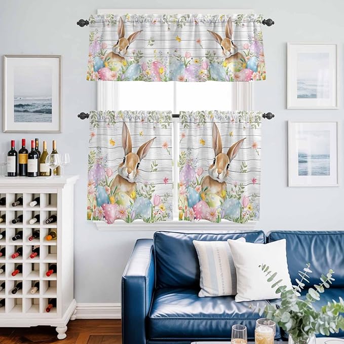 Kitchen Curtains Tiers and Valance Set of 3, Easter Light Filtering Window Curtain Set, Rustic Spring Bunny Eggs Botanical Grey Wooden Rod Pocket Curtain Drapes for Cafe, Living Room, 36 Inches Tiers