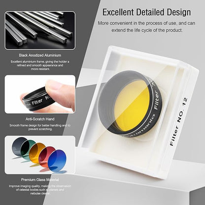 Astromania Telescope Filter, Planetary Filter with Metal Frame for Astronomical Telescope Eyepiece, 1.25 Inch Telescope #12 Yellow Color Filter for Enhancing Contrast in Lunar Planetary Observation